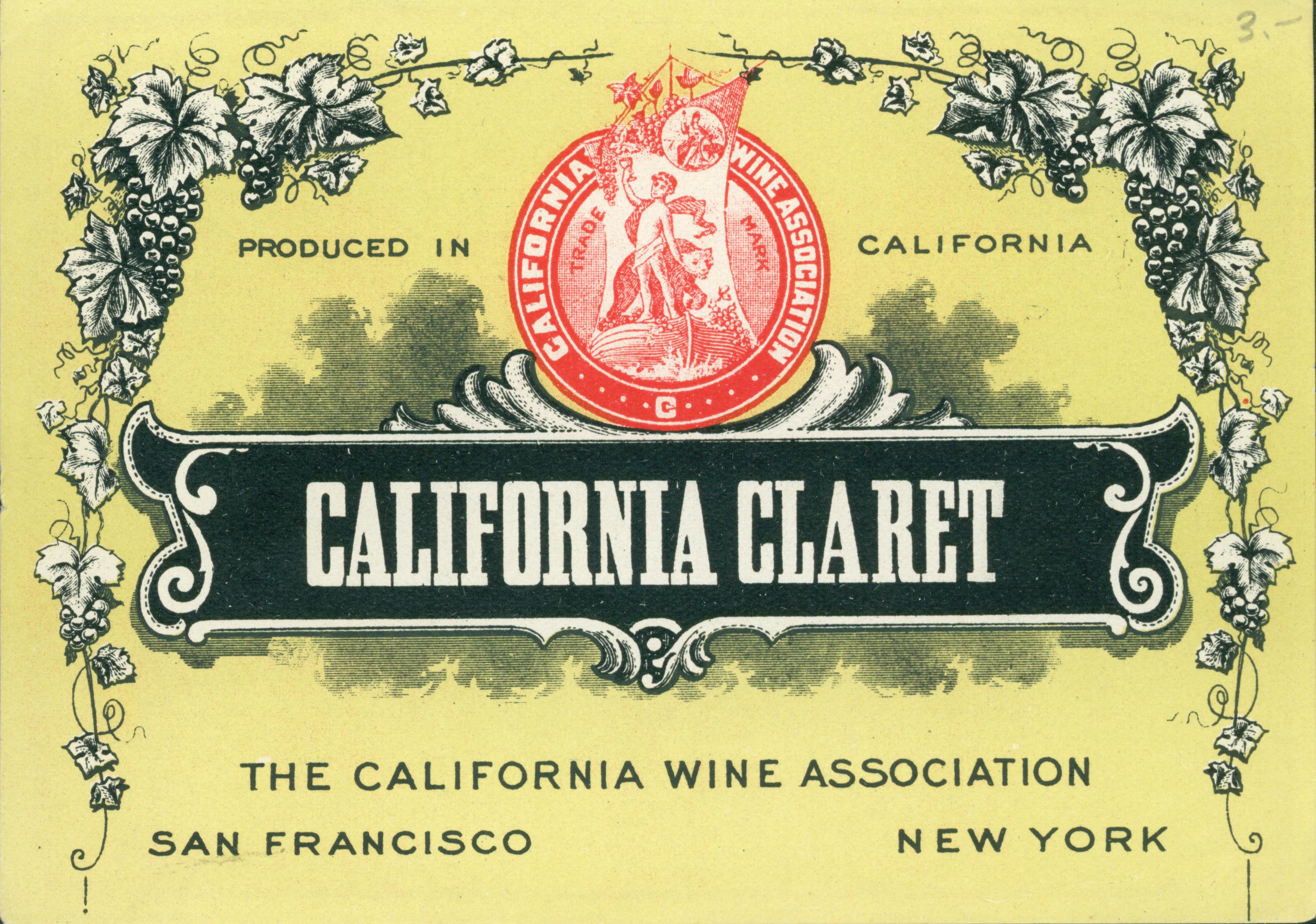 This wine label shows a vignette of a youth holding a wine glass aloft while he rests his hand on a bear. There is an outer border of vines and grapes.